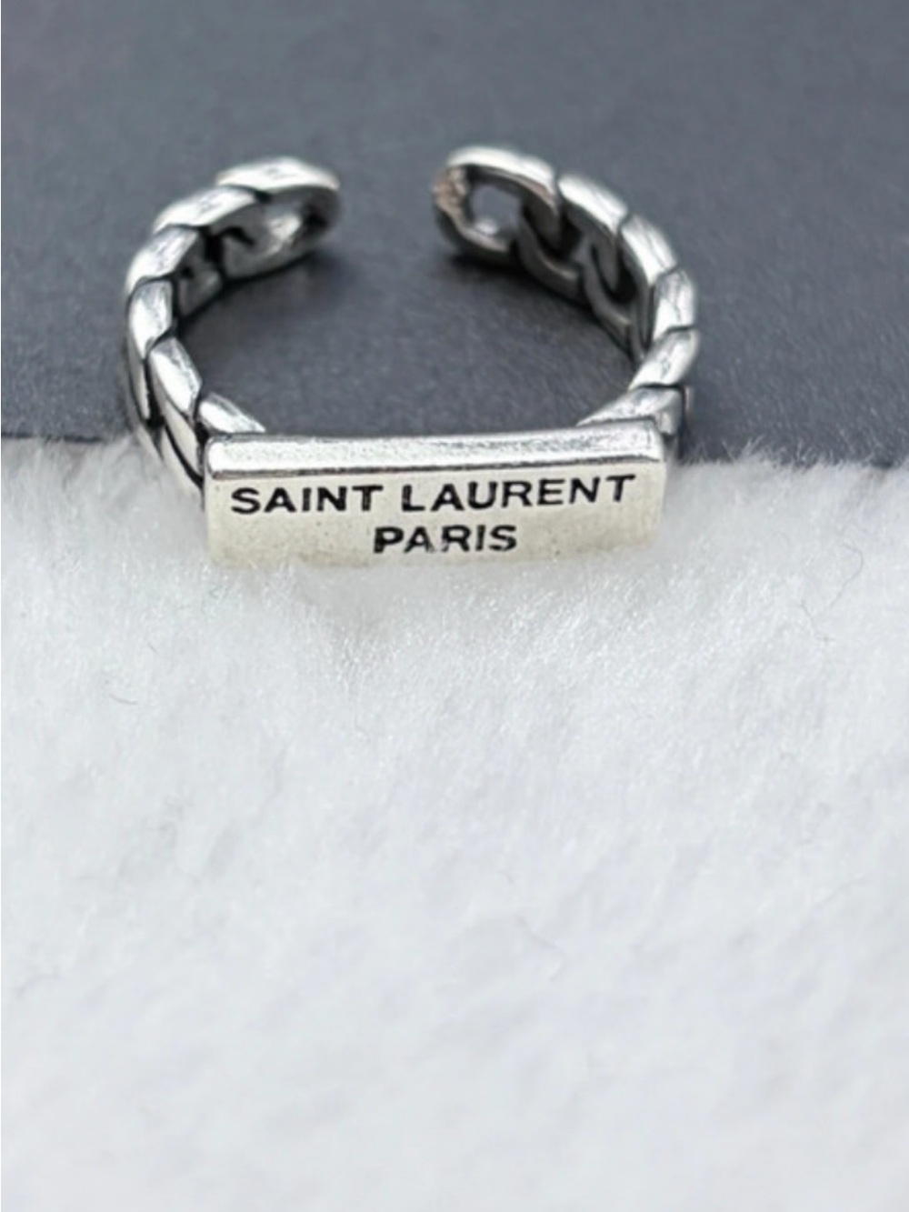 Saint Laurent Silver Braided Open Ring with Logo Plaque